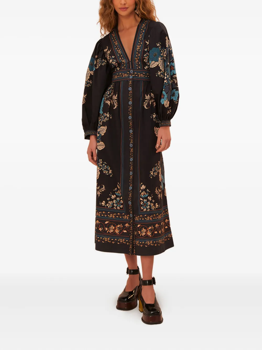 FARM Rio Blossom Tapestry floral-print button-front midi dress Zwart