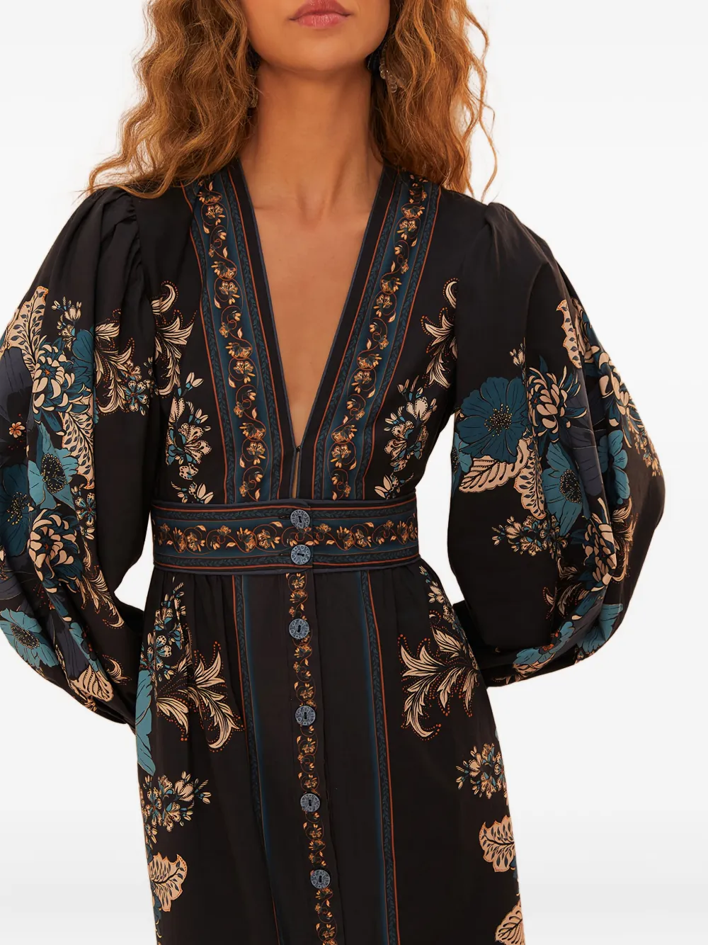 FARM Rio Blossom Tapestry floral-print button-front midi dress Zwart