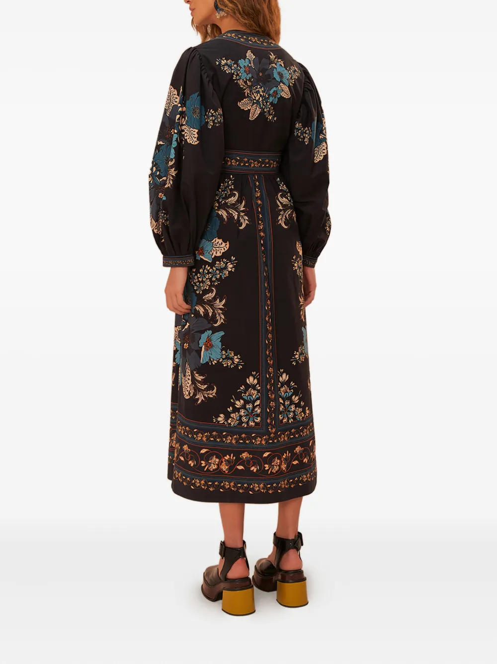 FARM Rio Blossom Tapestry floral-print button-front midi dress Zwart