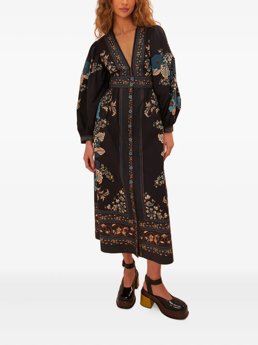 FARM Rio Blossom Tapestry floral-print button-front midi dress Zwart