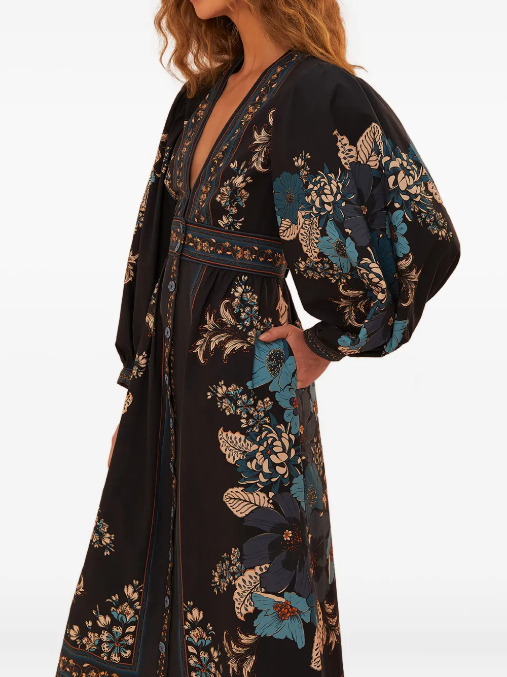 FARM Rio Blossom Tapestry floral-print button-front midi dress Zwart