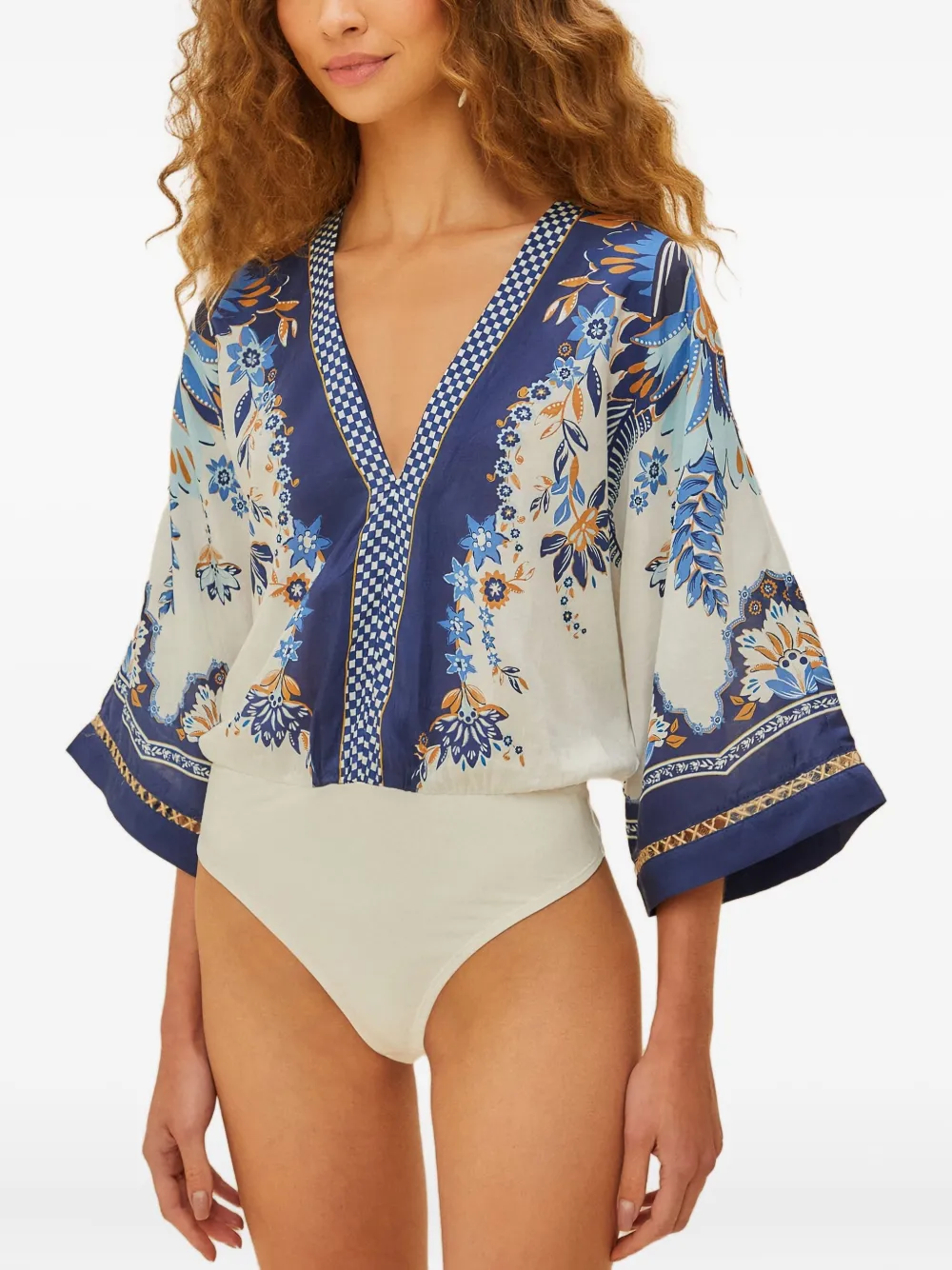 Farm Rio Floral-print V-neck Bodysuit In White