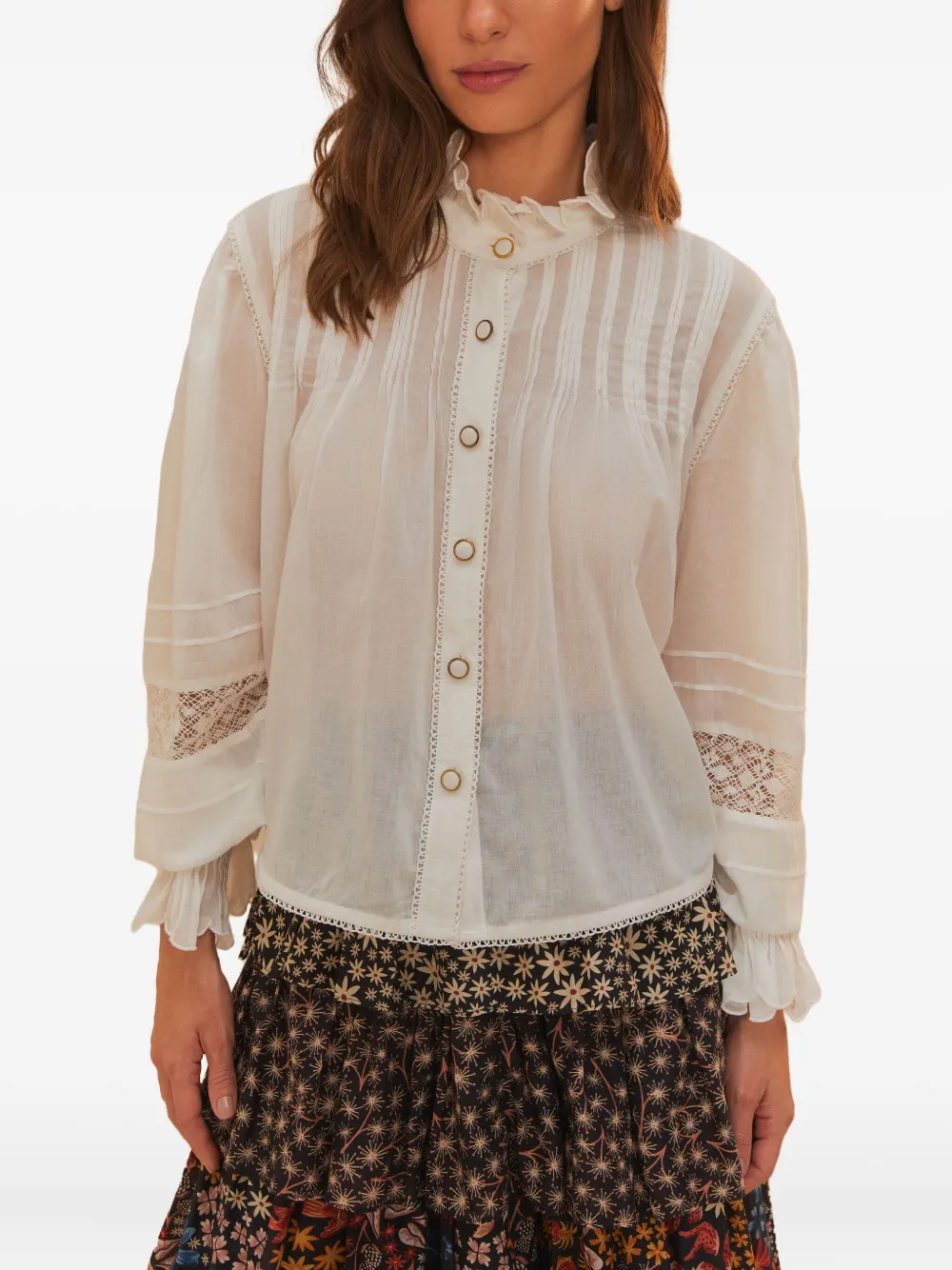 FARM Rio pleated lace-insert blouse Wit