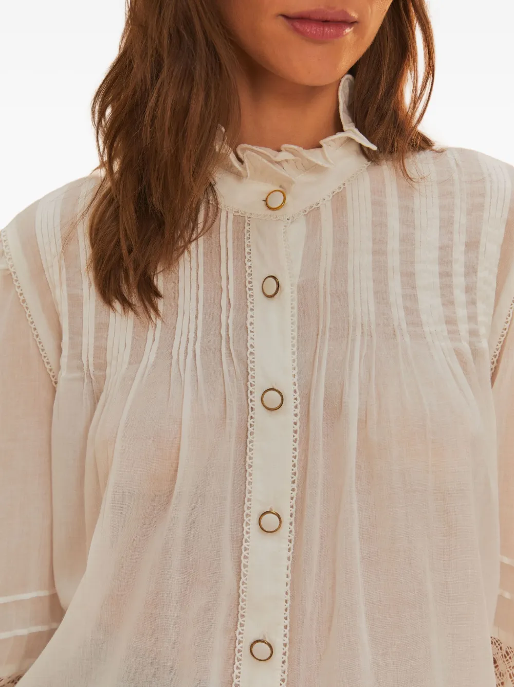 FARM Rio pleated lace-insert blouse Wit