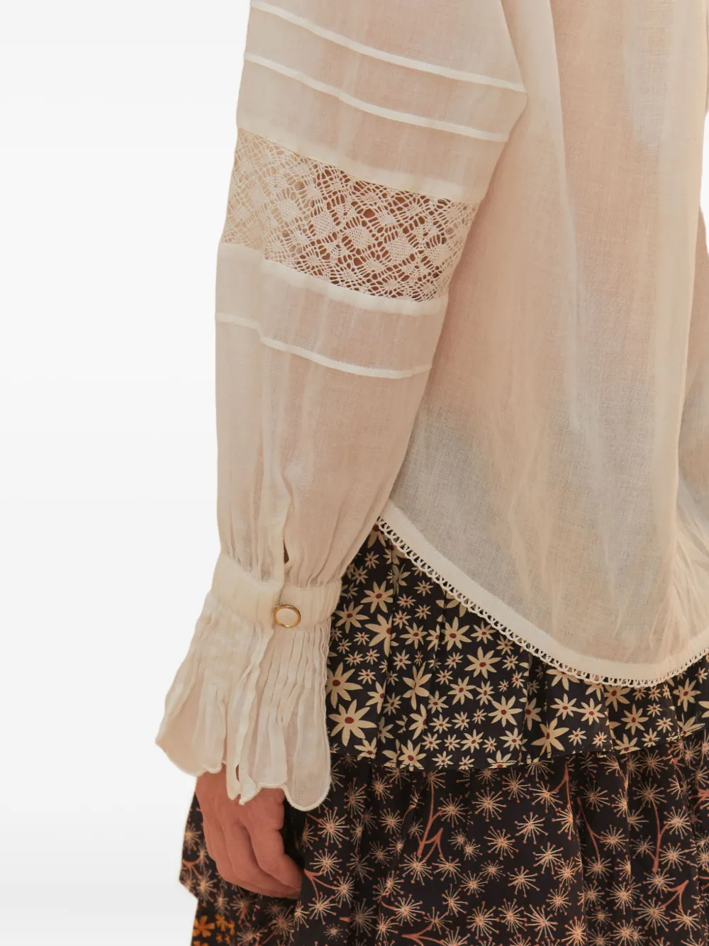 FARM Rio pleated lace-insert blouse Wit