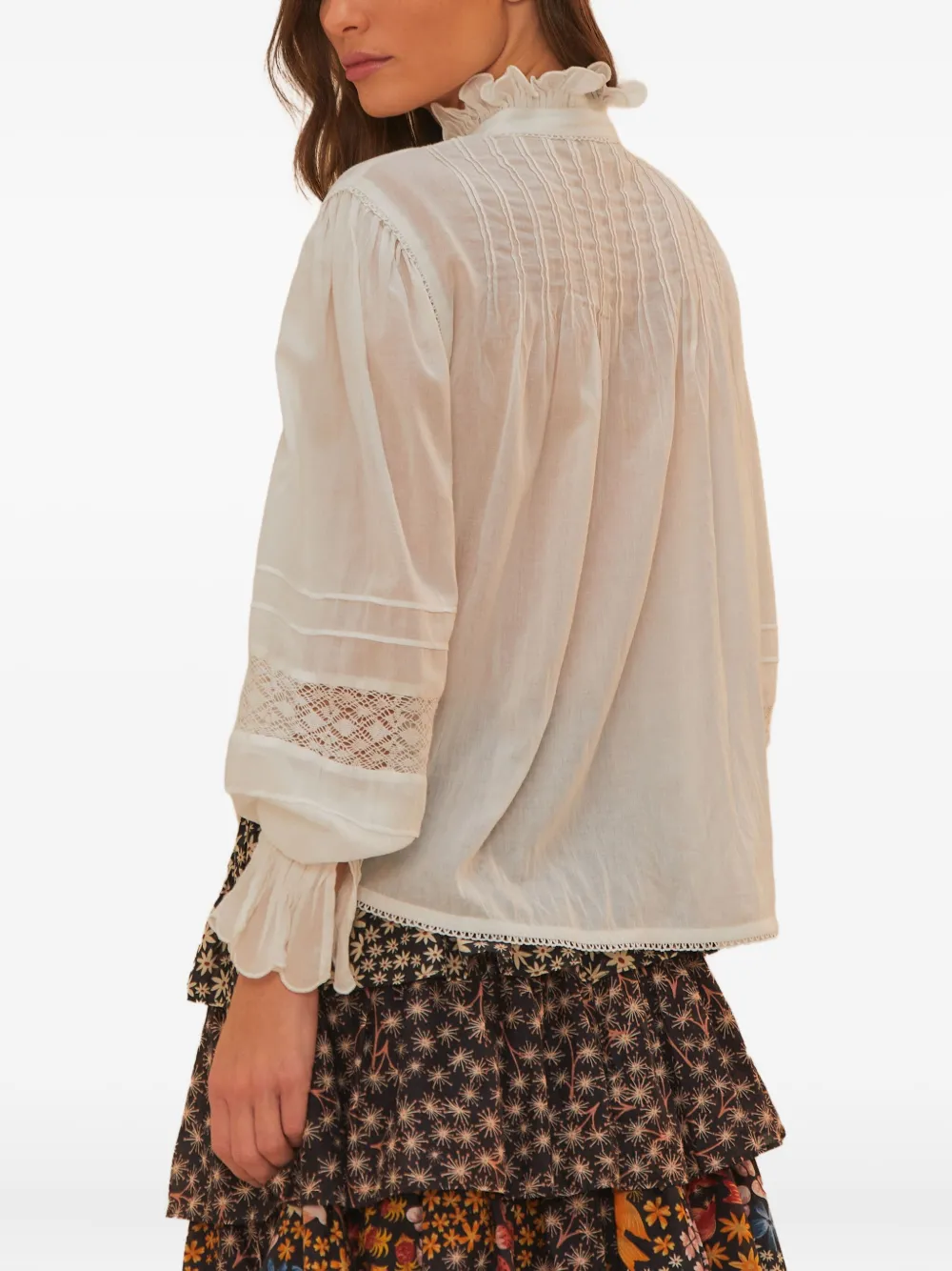 FARM Rio pleated lace-insert blouse Wit