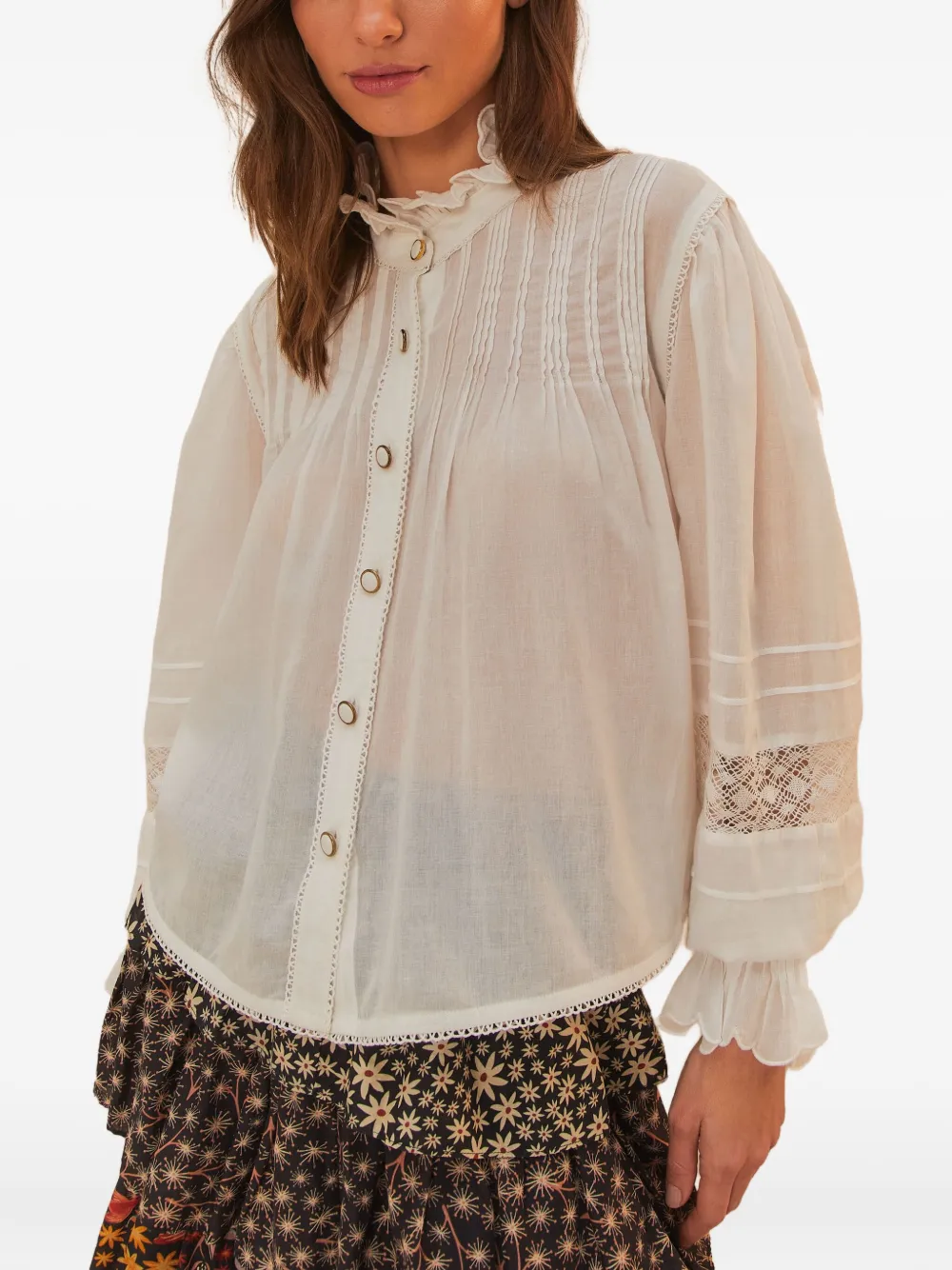 FARM Rio pleated lace-insert blouse Wit