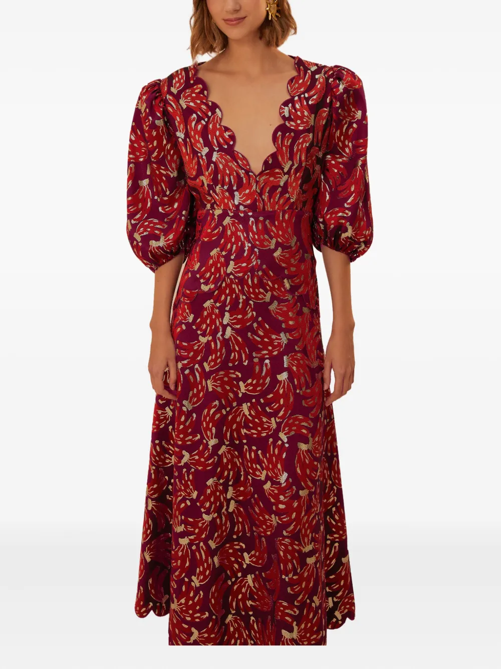 FARM Rio puff-sleeve midi dress - レッド FARM Rio puff-sleeve midi dress - レッド