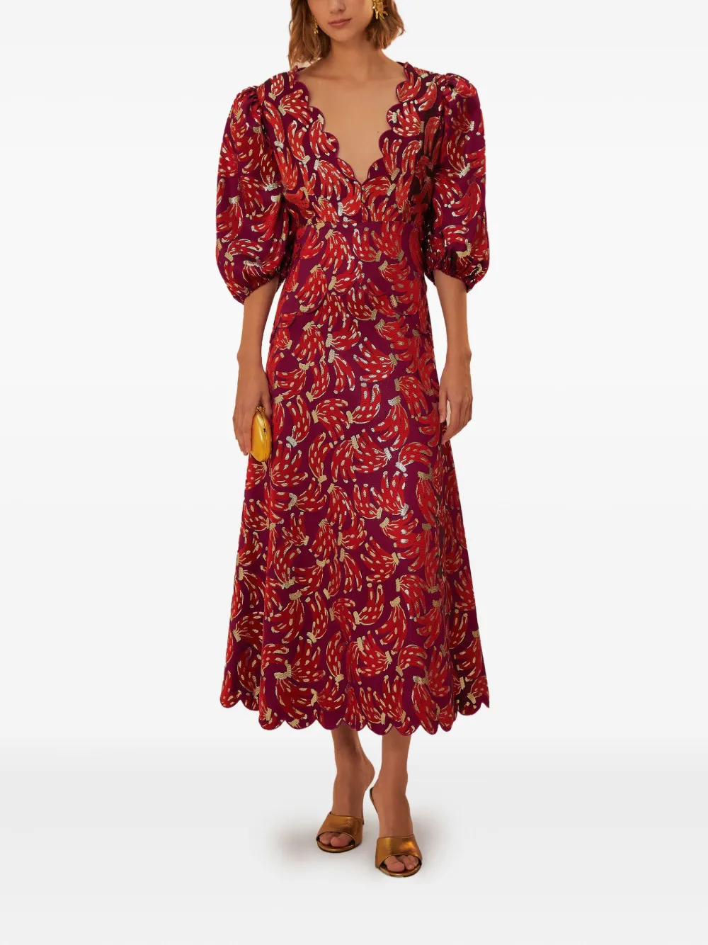 FARM Rio Midi-jurk met pofmouwen - Rood