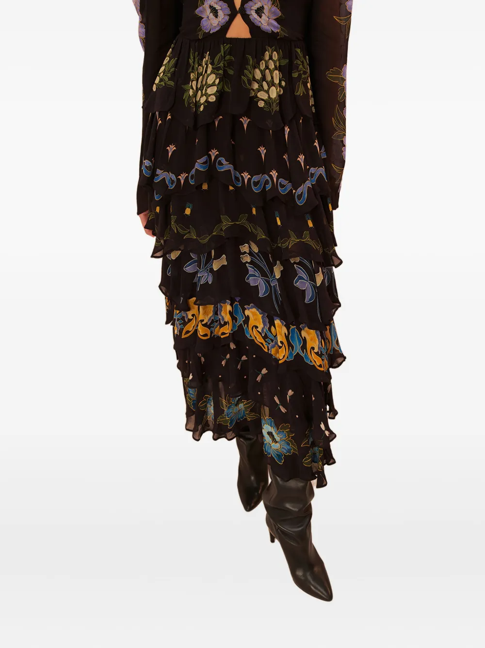 FARM Rio floral-print ruffled dress Zwart