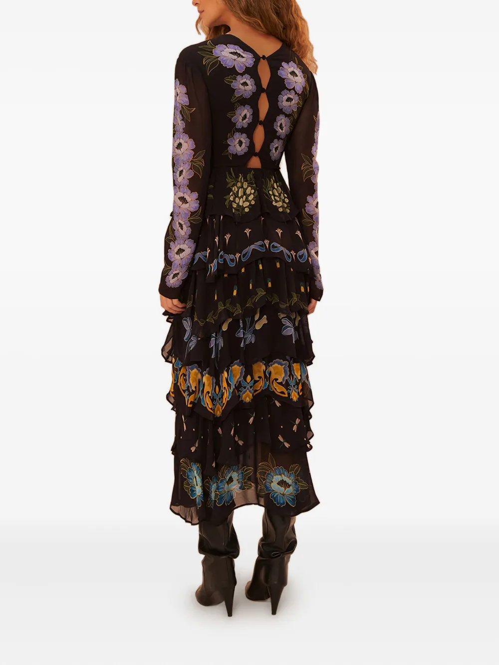 FARM Rio floral-print ruffled dress Zwart