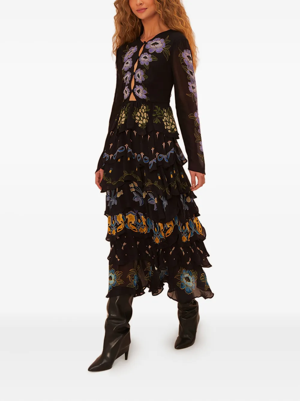FARM Rio floral-print ruffled dress Zwart