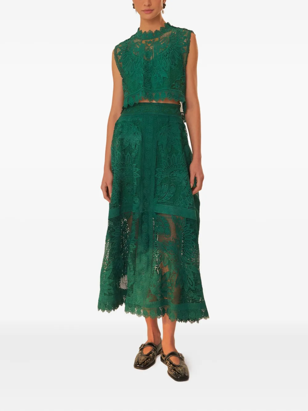 FARM Rio floral-lace midi skirt Groen