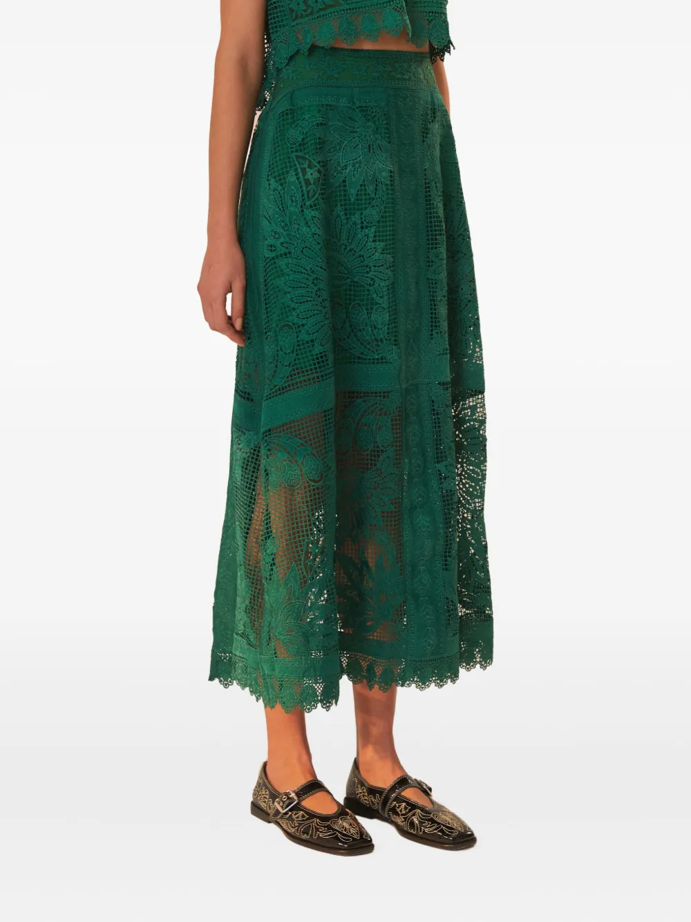 FARM Rio floral-lace midi skirt Groen