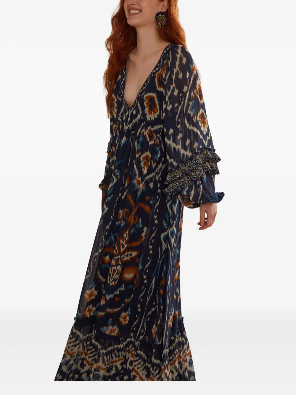 FARM Rio ikat-pattern ruffled maxi dress - Blu