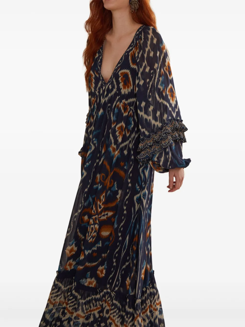 FARM Rio ikat-pattern ruffled maxi dress Blauw