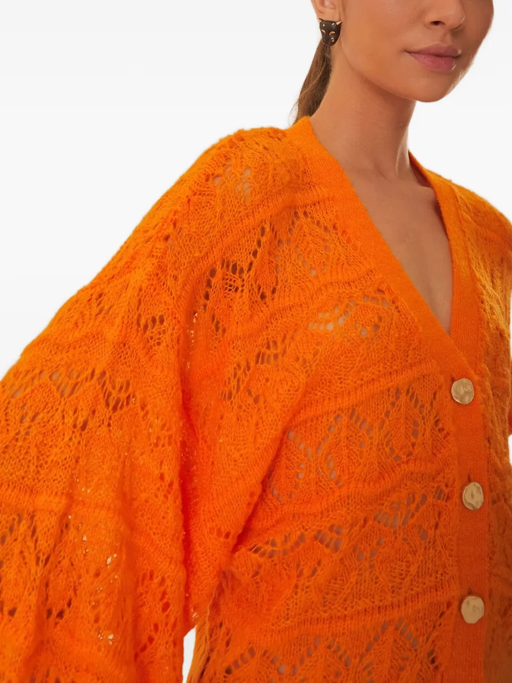 Farm Rio Balloon-sleeve Open-knit Cardigan In Orange