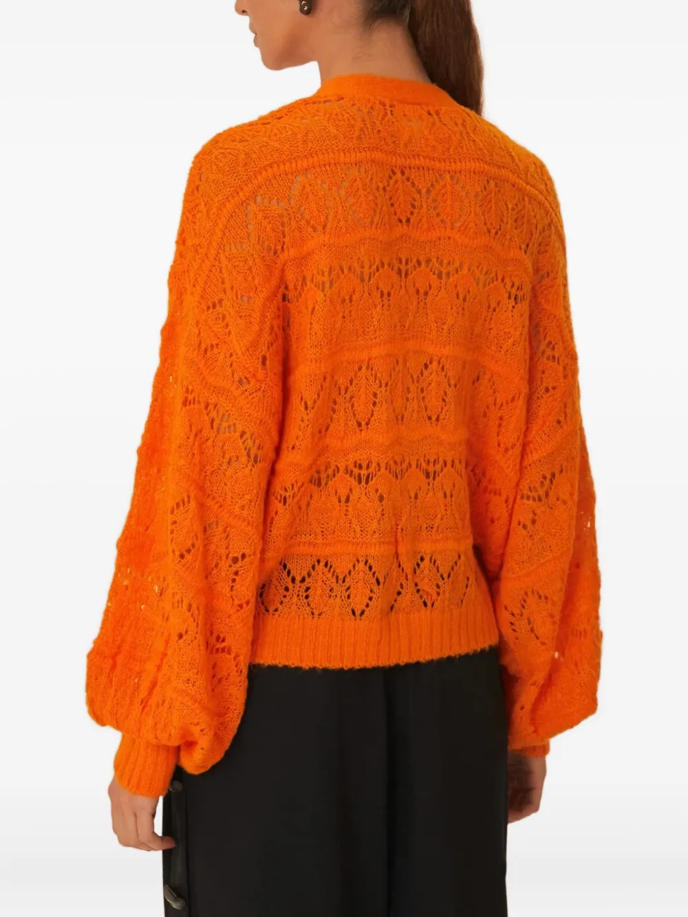 Farm Rio Balloon-sleeve Open-knit Cardigan In Orange