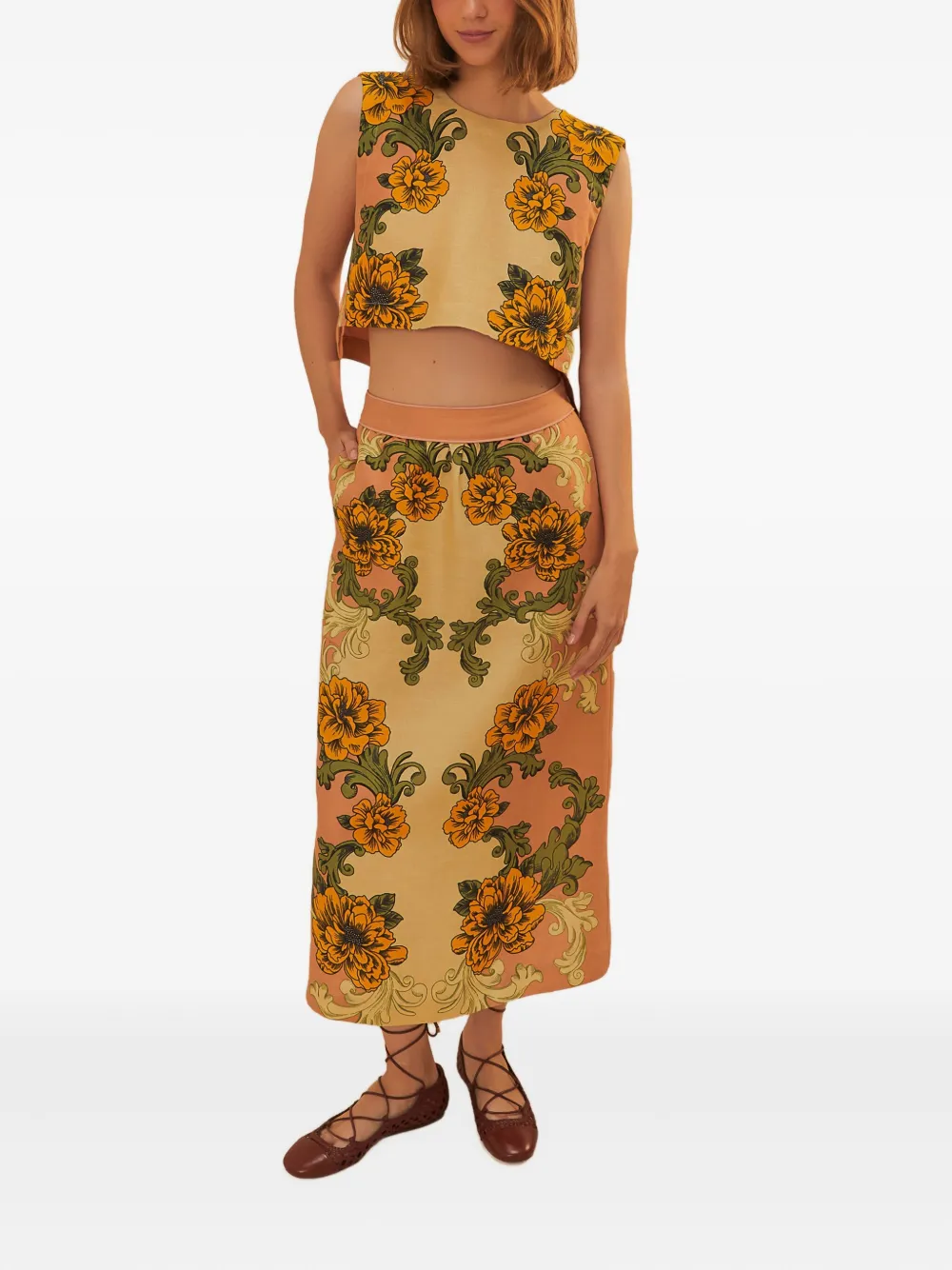 FARM Rio Midi-jurk met bloemenprint - Beige