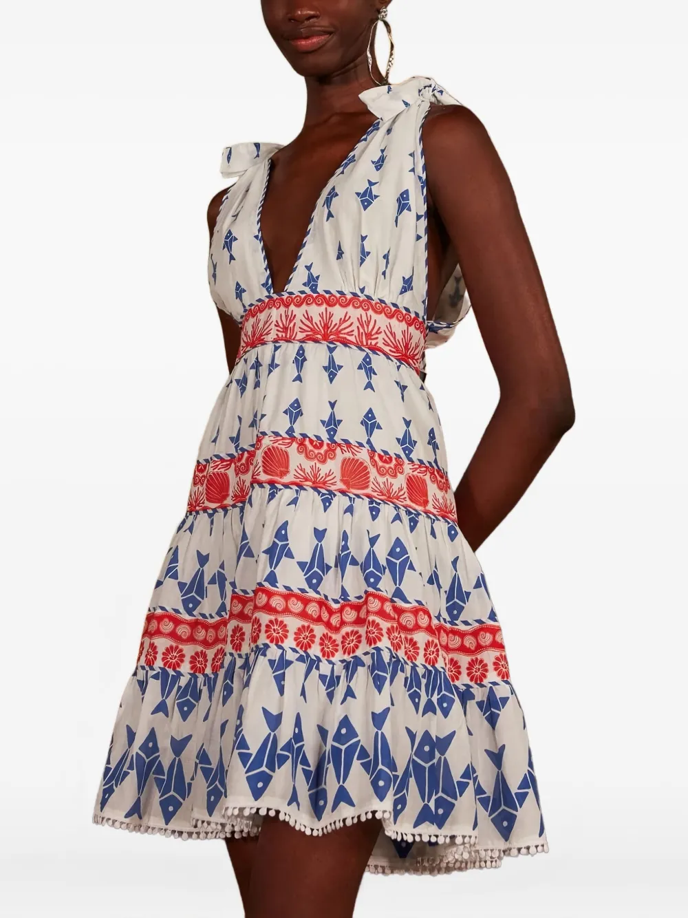 Farm Rio Fish-print Tiered-design Mini Dress In Multi