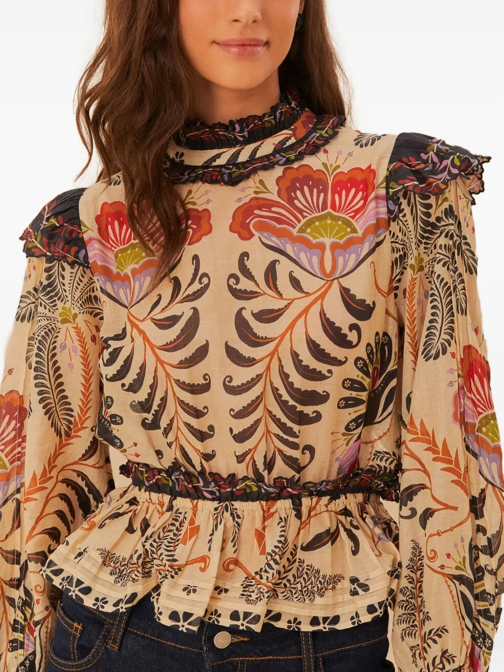 Farm Rio Floral-print Blouse In Neutral