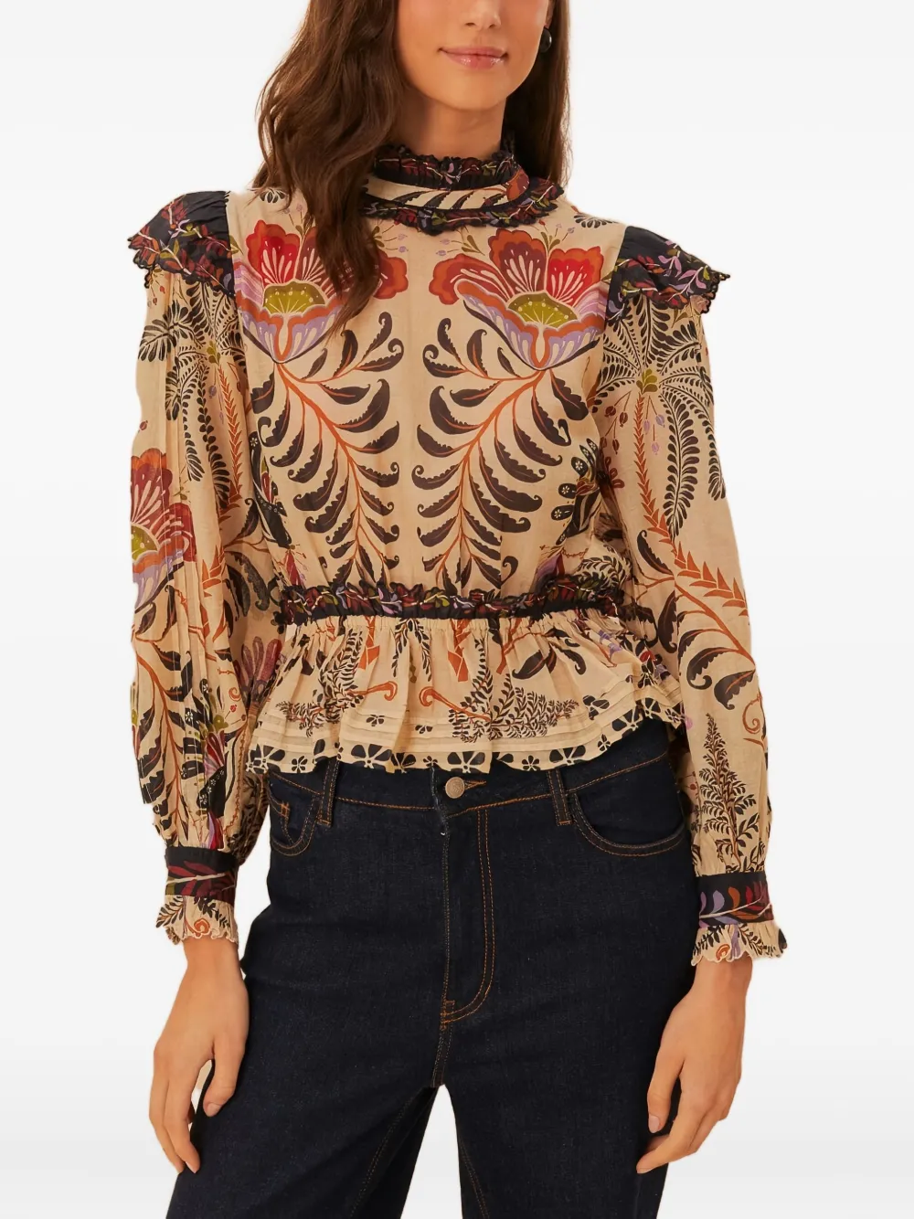 Farm Rio Floral-print Blouse In Neutral