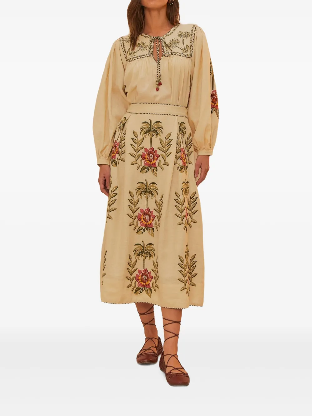 FARM Rio Maxi-rok met geborduurde tropische bloem - L0029-BEIGE/NATURALS
