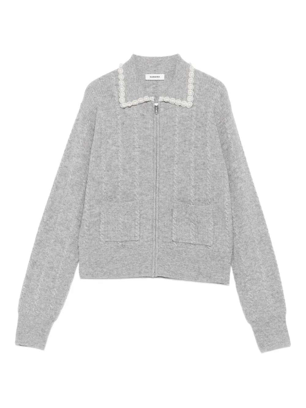 SANDRO pearl-embellished cable-knit cardigan | Grey | Image 1