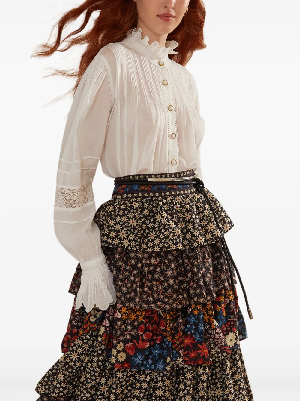 FARM Rio floral-patchwork tiered midi skirt Zwart