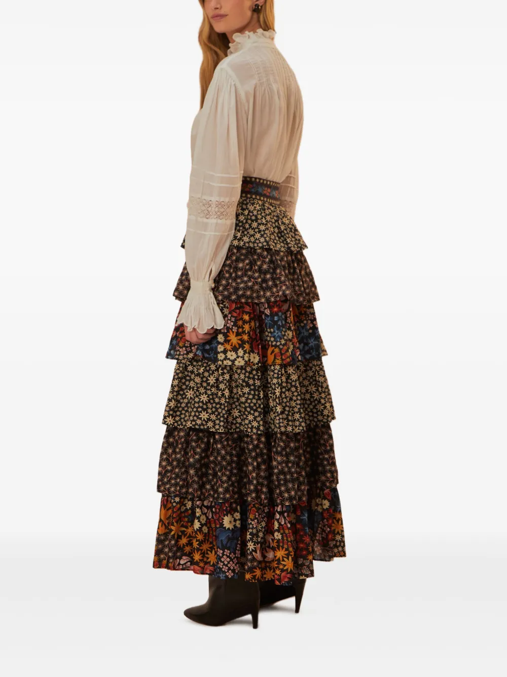 FARM Rio floral-patchwork tiered midi skirt Zwart