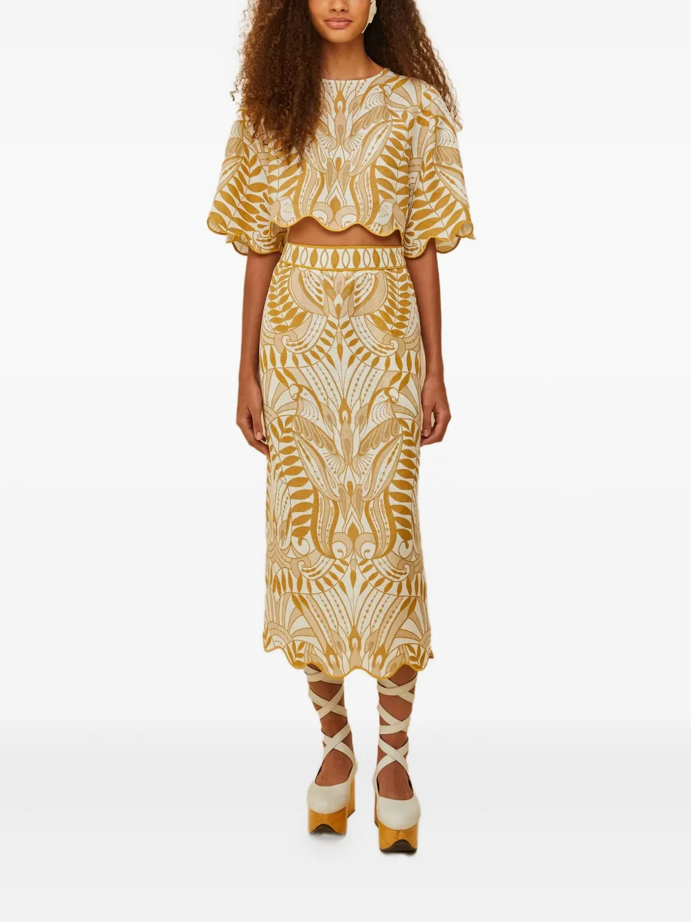 Farm Rio Scalloped Print Midi Skirt In Multi