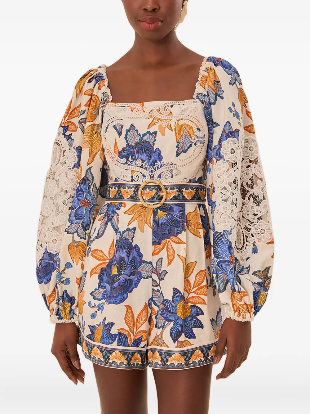 lace-trimmed floral playsuit