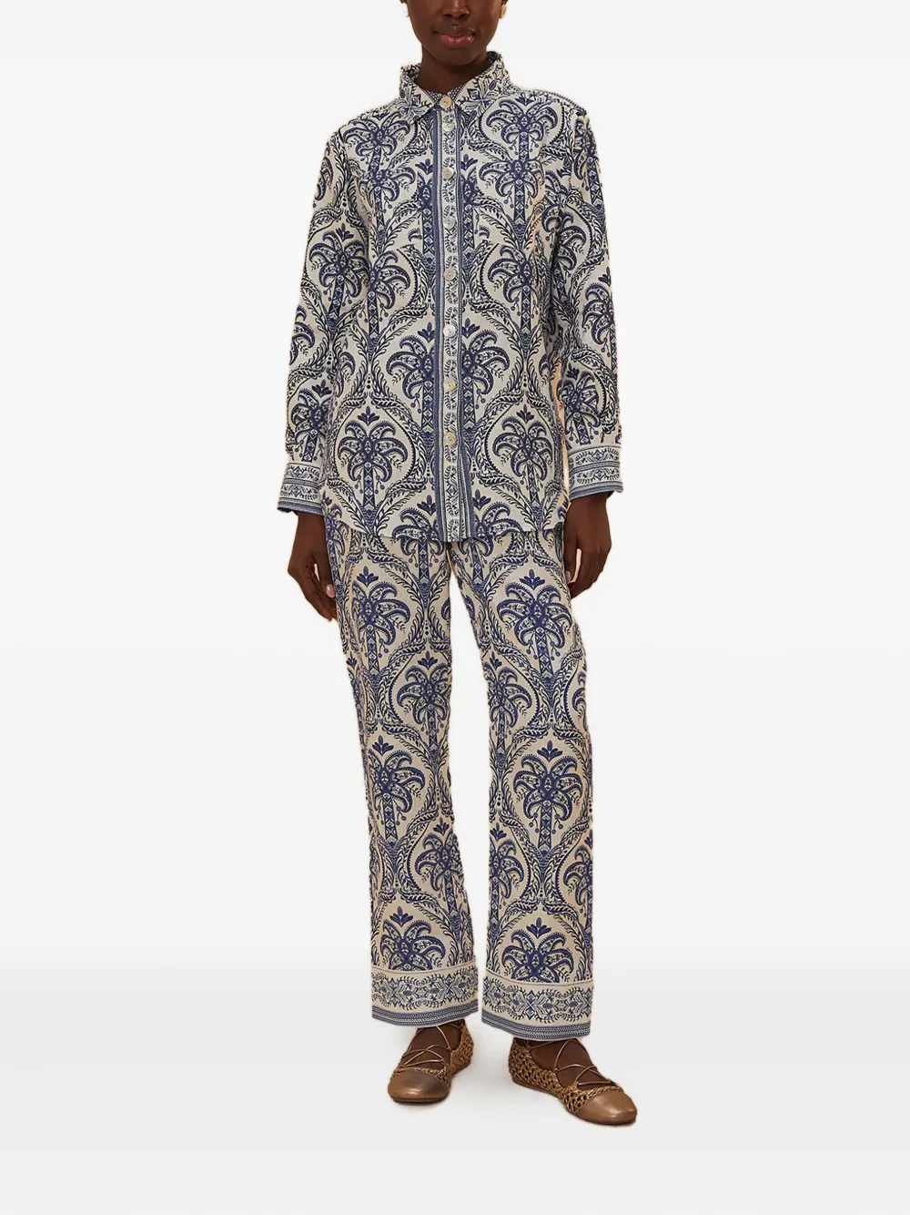 Farm Rio Blue Tropical Cameo Off-white Pajama Pants Blue Tropical Cameo Off-white In Blue