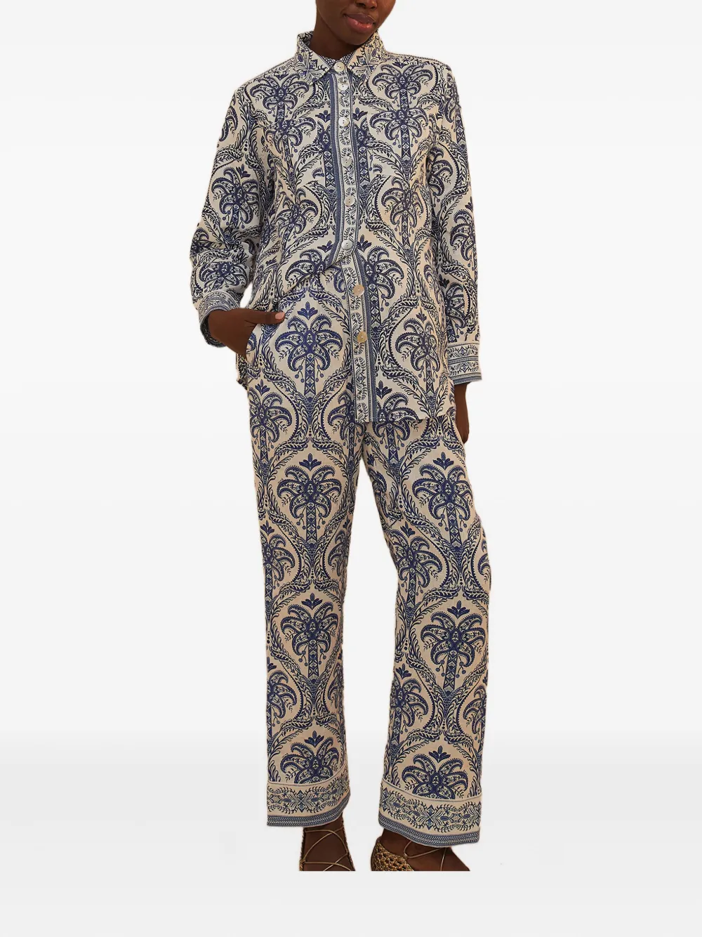 Farm Rio Blue Tropical Cameo Off-white Pajama Pants Blue Tropical Cameo Off-white In Blue