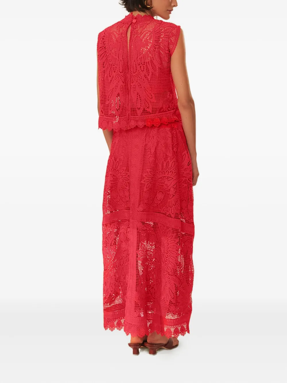 Farm Rio Lace-panelled Midi Skirt In Red