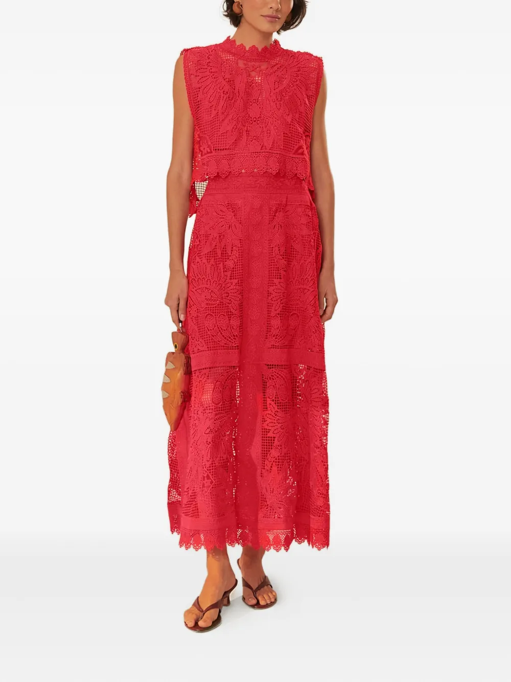 Farm Rio Lace-panelled Midi Skirt In Red