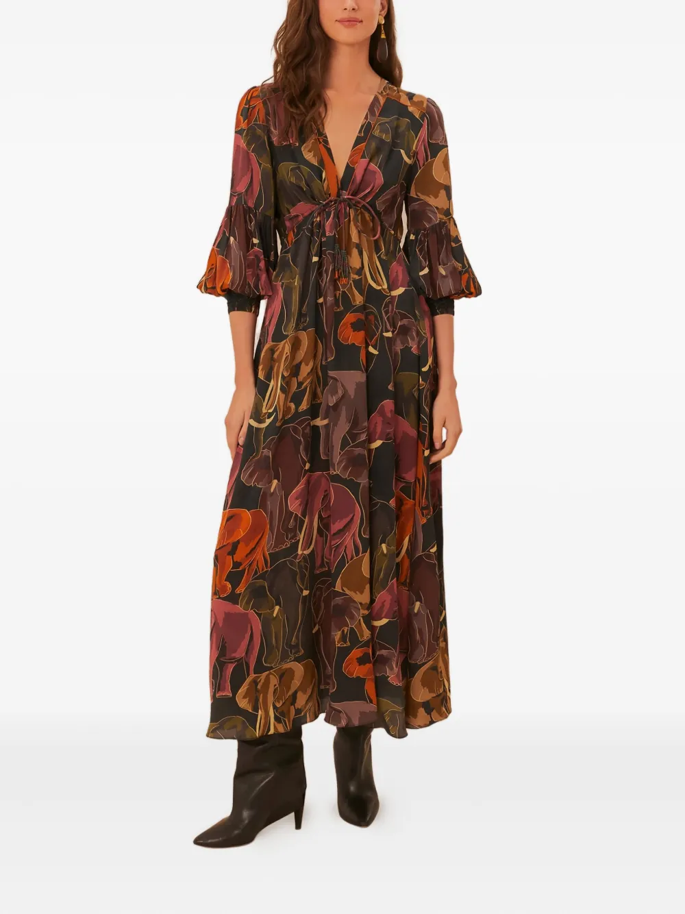 FARM Rio Jurk met pofmouwen en olifantprint - Groen