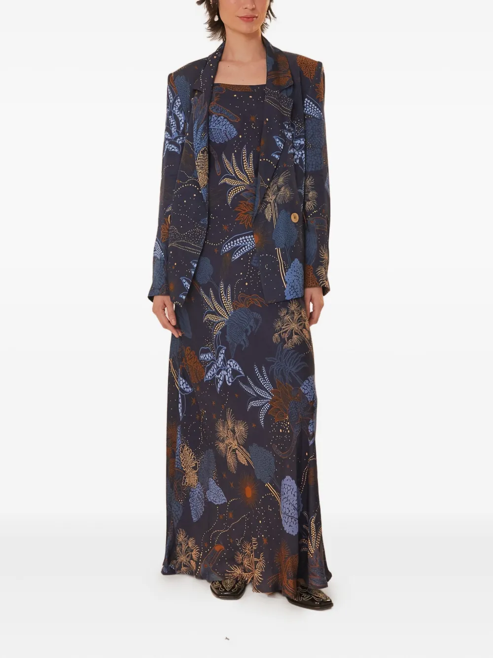 Farm Rio Floral-print Slip Dress In Blue