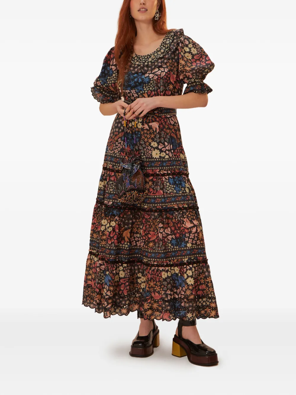 FARM Rio beaded-belt tiered maxi dress Blauw