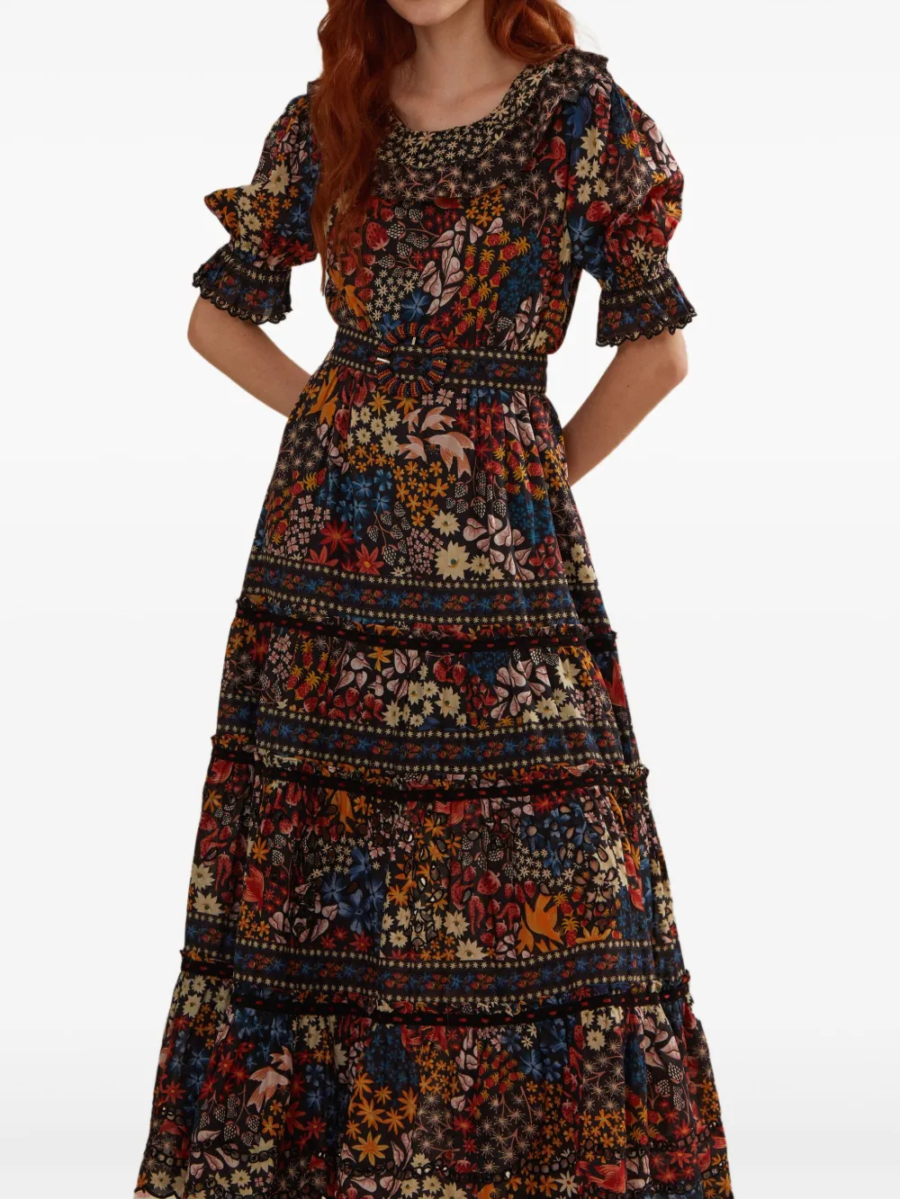 FARM Rio beaded-belt tiered maxi dress Blauw