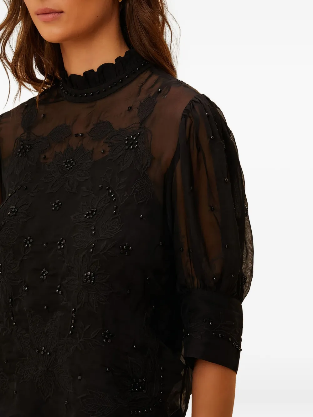 Farm Rio Beaded Floral-embroidered Top In Black