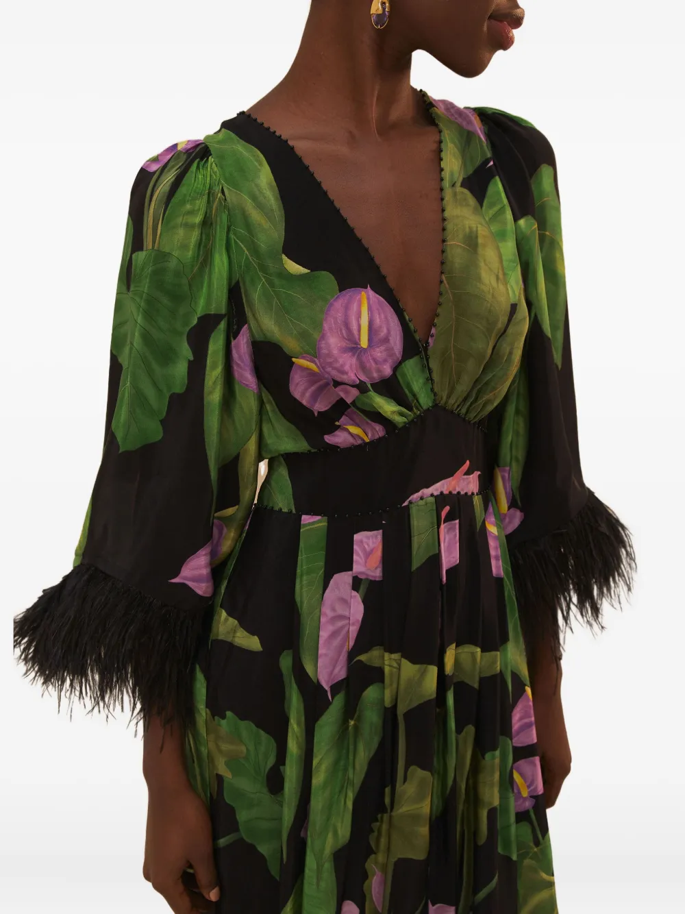 FARM Rio feather-trimmed floral-print maxi dress Groen