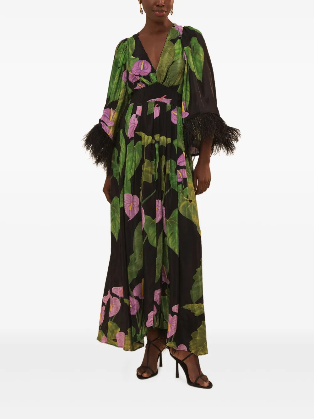 FARM Rio feather-trimmed floral-print maxi dress Groen