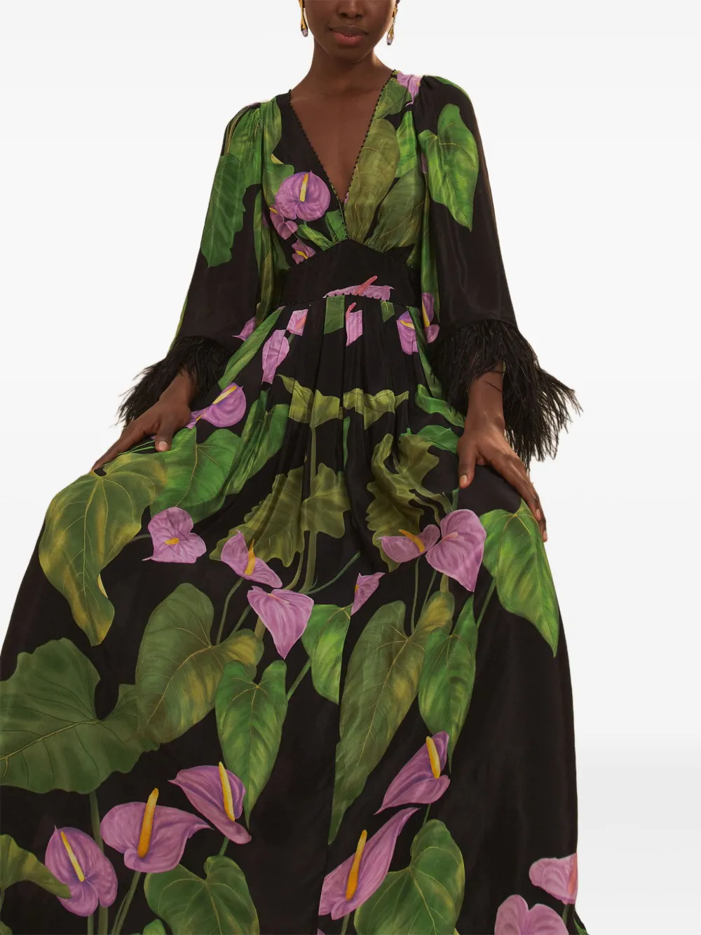 FARM Rio feather-trimmed floral-print maxi dress Groen