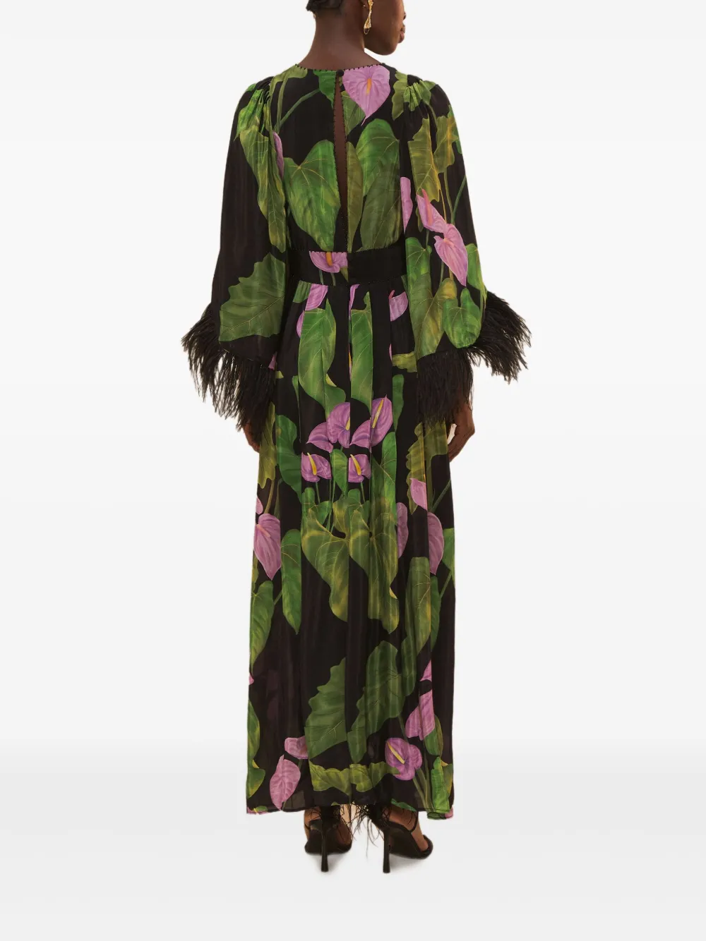 FARM Rio feather-trimmed floral-print maxi dress Groen