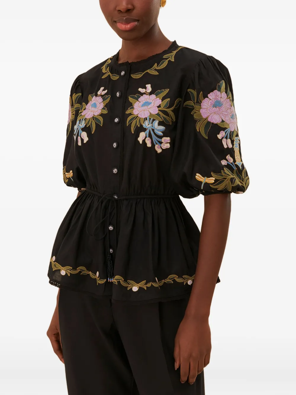 FARM Rio Winter Garden embroidered puff-sleeve top Zwart