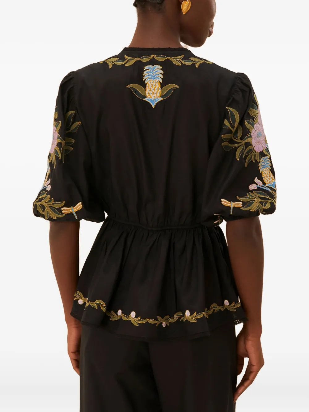 FARM Rio Winter Garden embroidered puff-sleeve top Zwart