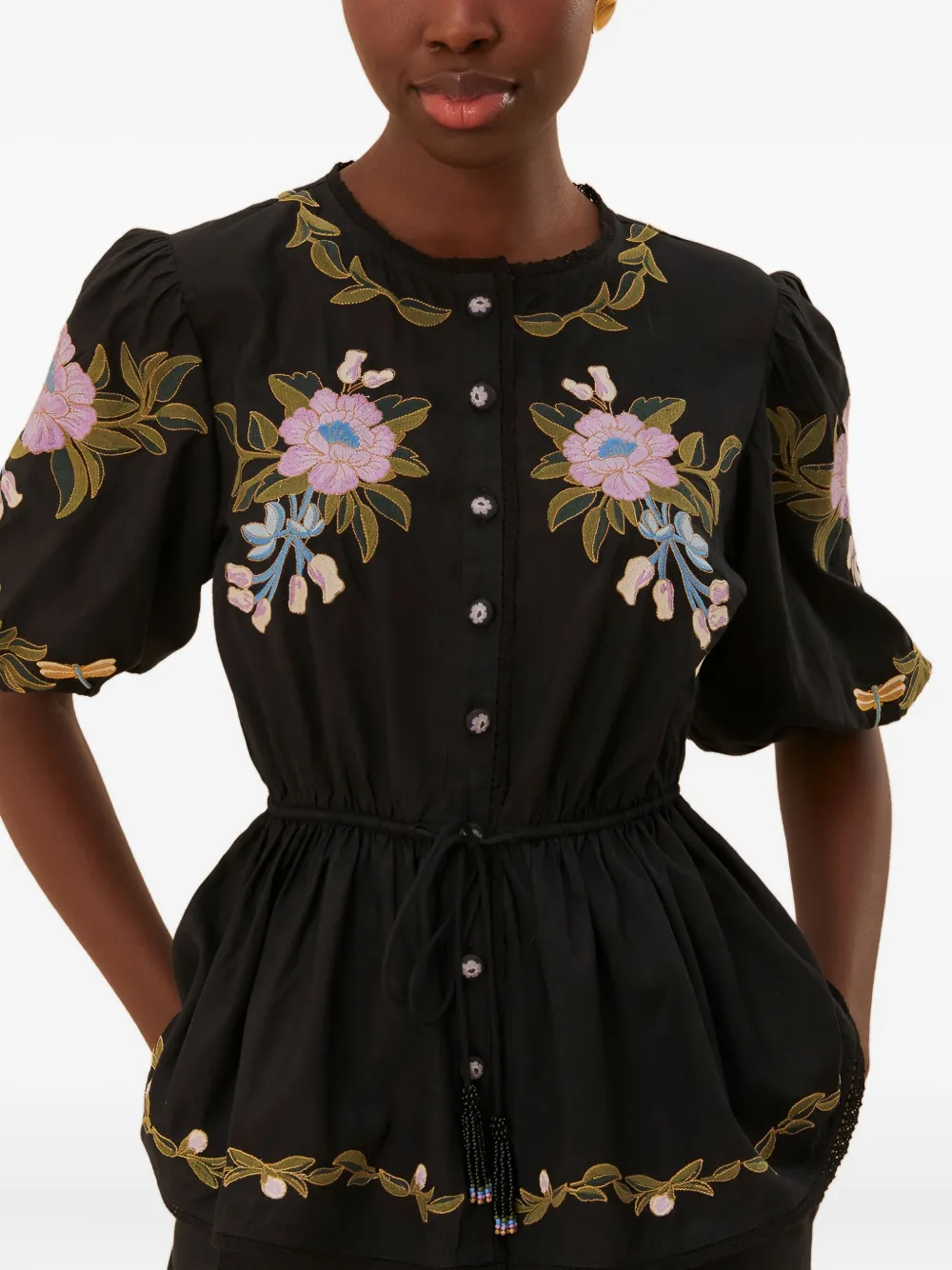 FARM Rio Winter Garden embroidered puff-sleeve top Zwart
