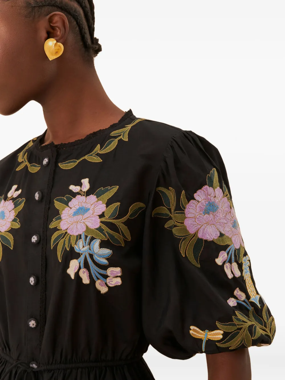 FARM Rio Winter Garden embroidered puff-sleeve top Zwart