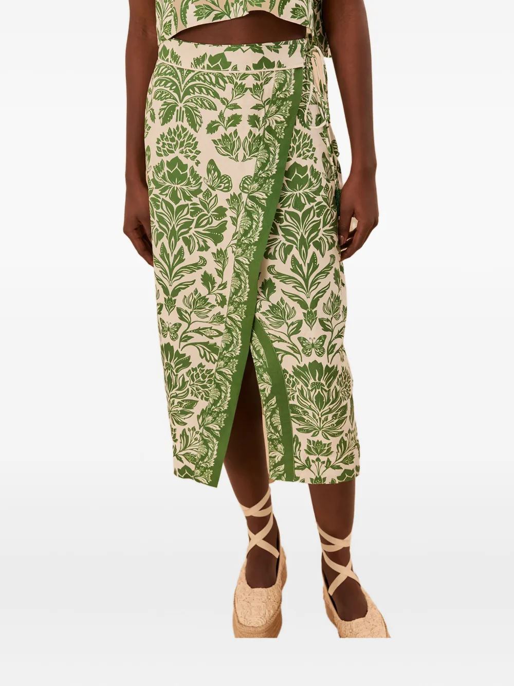 Farm Rio Delicate Tapestry Linen-blend Midi Skirt In Green